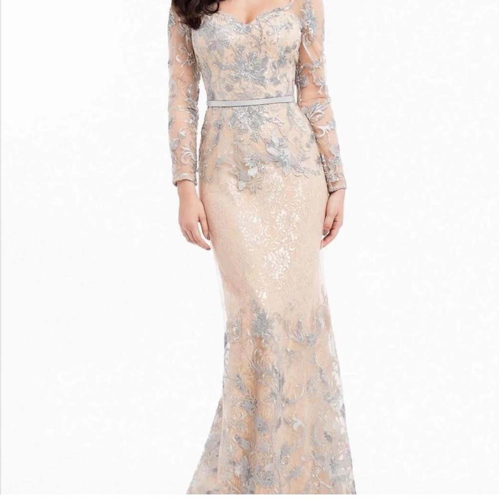 Terani Couture Cream and Silver Long Sleeve Gown